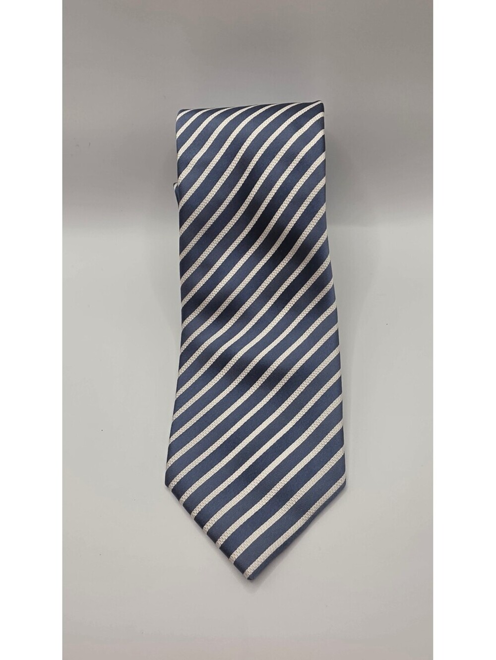 Geoffrey Beene Hand Made Blue and White Striped Silk Tie